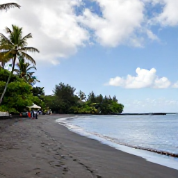 Caribbean Holidays, Montserrat Tours May, A quiet black-sand beach on Montserrat with calm Caribbean water, palm trees and a small group of visitors