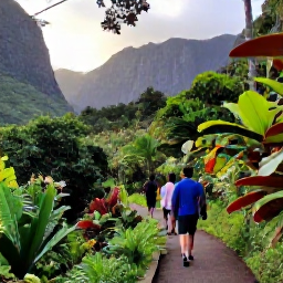 Caribbean Holidays, Montserrat Tours May, Visitors walking along a shaded Montserrat rainforest trail with tropical plants, mountain views and soft afternoon light