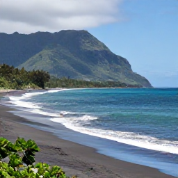 Caribbean Holidays, Montserrat Tours, Peaceful black sand beach on Montserrat with turquoise sea, green hills and a few visitors enjoying the shore
