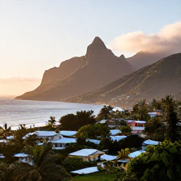 Caribbean Holidays, Montserrat Tours, Sunrise over the volcanic hills and coastline of Montserrat, with a quiet Caribbean village in the foreground