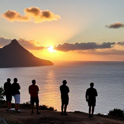 Caribbean Holidays, Montserrat Tours, Travellers watching the sunset from a Montserrat coastal viewpoint with the Caribbean Sea glowing in warm evening light