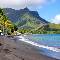 Caribbean Holidays, Montserrat Tours, Visitors enjoying a quiet black sand beach on Montserrat with turquoise water, palm trees and green hills