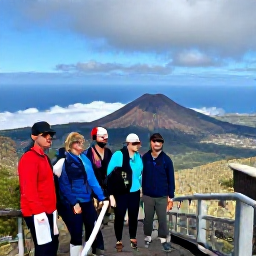 Caribbean Holidays, Montserrat Walking, A guided group of walkers viewing Soufri&egrave;re Hills volcano from a safe Montserrat lookout, with the Caribbean Sea in the background
