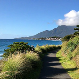 Caribbean Holidays, Montserrat Walking, A quiet coastal path on Montserrat with ocean views, tropical grasses and a small Caribbean village in the distance