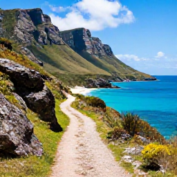 Caribbean Holidays, Montserrat Walking, A quiet Montserrat coastal walking path overlooking turquoise Caribbean water, rugged cliffs and a small secluded beach in April sunshine