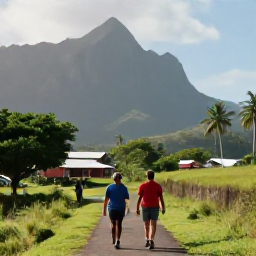 Caribbean Holidays, Montserrat Walking, Friendly hikers enjoying a local Montserrat meal and drinks after a walk, with tropical scenery and a relaxed Caribbean village atmosphere