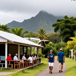 Caribbean Holidays, Montserrat Walking, Friendly walkers relaxing at a small Montserrat village caf&eacute; after a morning hike, with local food and tropical surroundings