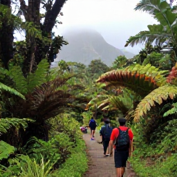 Caribbean Holidays, Montserrat Walking, Hikers following a lush forest path on Montserrat, surrounded by tropical plants, ferns and distant views towards volcanic hills