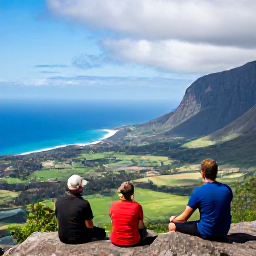 Caribbean Holidays, Montserrat Walking, Hikers resting at a scenic Montserrat viewpoint overlooking the Caribbean Sea, green valleys and rugged volcanic coastline