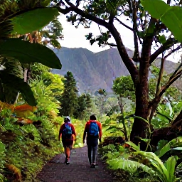 Caribbean Holidays, Montserrat Walking, Hikers walking beneath tropical forest canopy on Montserrat, with volcanic slopes and lush foliage surrounding a narrow island trail