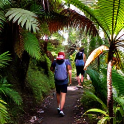 Caribbean Holidays, Montserrat Walking, Hikers walking through lush Montserrat rainforest beside a narrow trail, with ferns, palms and filtered sunlight