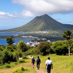 Caribbean Holidays, Montserrat Walking, Hikers walking through Montserrat&rsquo;s lush countryside towards views of Soufri&egrave;re Hills and the Caribbean coast