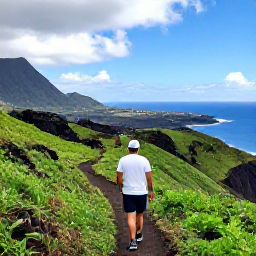 Caribbean Holidays, Montserrat Walking Holidays, A hiker walking along a green coastal trail on Montserrat with volcanic hills and the Caribbean Sea in the distance