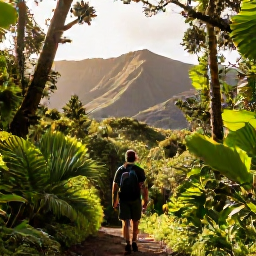 Caribbean Holidays, Montserrat Walking Holidays, A hiker walking through lush Montserrat rainforest in warm March sunshine, with volcanic hills and tropical greenery
