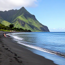 Caribbean Holidays, Montserrat Walking Holidays, A peaceful black-sand beach on Montserrat with walkers resting near the shoreline, green hills behind and calm blue Caribbean water