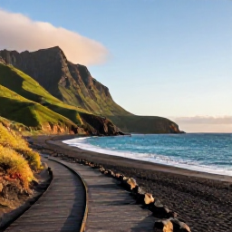 Caribbean Holidays, Montserrat Walking Holidays, A peaceful Montserrat coastal path in July at golden hour, with black volcanic sand, turquoise sea and green hills