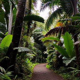 Caribbean Holidays, Montserrat Walking Holidays, A shaded rainforest footpath on Montserrat with tropical plants, tall trees and soft sunlight filtering through the leaves