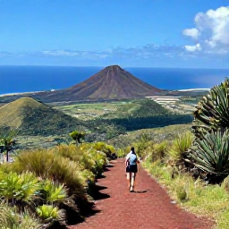 Caribbean Holidays, Montserrat Walking Holidays, A sunny coastal walking trail on Montserrat in July, with volcanic hills, tropical vegetation and views across the Caribbean Sea