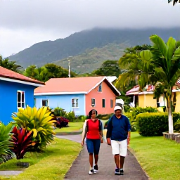 Caribbean Holidays, Montserrat Walking Holidays, Friendly walkers enjoying a local village on Montserrat with colourful homes, tropical gardens and distant hills