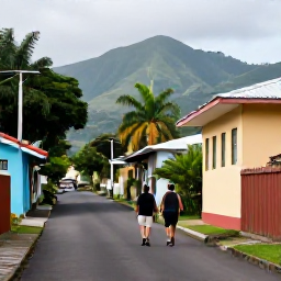 Caribbean Holidays, Montserrat Walking Holidays, Friendly walkers enjoying a quiet village road on Montserrat with colourful Caribbean homes, tropical vegetation and distant hills