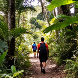 Caribbean Holidays, Montserrat Walking Holidays, Hikers following a lush rainforest trail in Montserrat beneath tropical trees and filtered sunlight