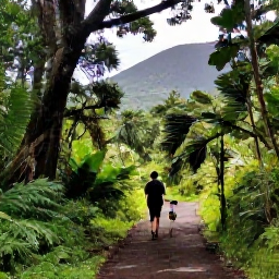 Caribbean Holidays, Montserrat Walking Holidays, Hikers walking through lush Montserrat rainforest on a marked trail, with filtered sunlight and volcanic hills beyond