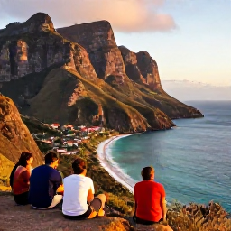 Caribbean Holidays, Montserrat Walking Holidays, Walkers resting at a coastal viewpoint on Montserrat at sunset, with rugged cliffs, turquoise sea and a quiet village below