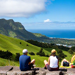 Caribbean Holidays, Montserrat Walking Holidays, Walkers resting beside a viewpoint on Montserrat, looking across green hills and the blue Caribbean in March