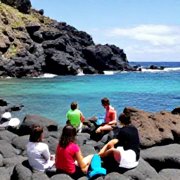Caribbean Holidays, Montserrat Walking Holidays, Walkers resting on a quiet Montserrat coastline beside a clear turquoise bay and rugged volcanic rocks