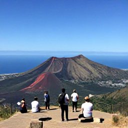 Caribbean Holidays, Montserrat Walking, View from Montserrat towards volcanic slopes and the Caribbean Sea, with walkers resting at a scenic viewpoint