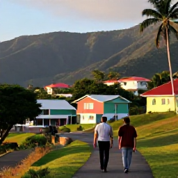 Caribbean Holidays, Montserrat Walking, Walkers enjoying a peaceful Montserrat village after a hike, with colourful Caribbean houses, hills and evening light