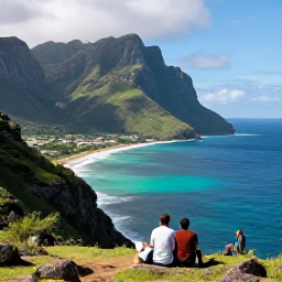 Caribbean Holidays, Montserrat Walking, Walkers resting at a peaceful Montserrat coastal viewpoint overlooking turquoise Caribbean water, green cliffs and a quiet village landscape