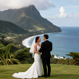 Caribbean Holidays, Montserrat Weddings, A bride and groom exploring Montserrat after their wedding, visiting a scenic coastal viewpoint with lush hills and blue sea