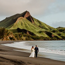 Caribbean Holidays, Montserrat Weddings, A newlywed couple walking along a quiet black-sand beach in Montserrat, with green volcanic hills and the Caribbean Sea behind them