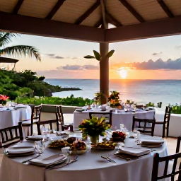 Caribbean Holidays, Montserrat Weddings, A relaxed wedding reception at a Montserrat villa terrace, with tropical flowers, local food and views towards the Caribbean sunset
