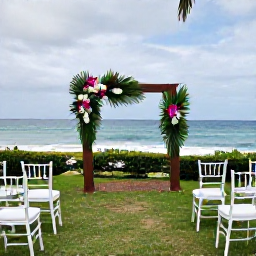 Caribbean Holidays, Montserrat Weddings, An outdoor wedding ceremony overlooking the Caribbean Sea in Montserrat, decorated simply with tropical flowers and white chairs