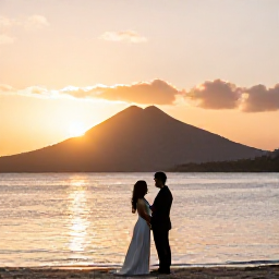 Caribbean Holidays, Montserrat Weddings, Newlyweds enjoying a quiet sunset on a Montserrat beach, with volcanic hills silhouetted in the distance