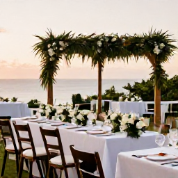 Caribbean Holidays, Montserrat Weddings October, An elegant but informal outdoor wedding reception in Montserrat with local food, simple tropical decorations and guests dining at sunset