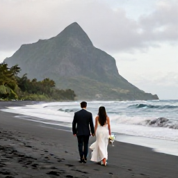 Caribbean Holidays, Montserrat Weddings October, Bride and groom walking beside a quiet black sand beach in Montserrat after an October wedding ceremony