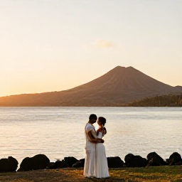 Caribbean Holidays, Montserrat Weddings October, Newlyweds enjoying a quiet sunset by the coast in Montserrat, with calm sea, volcanic hills and warm golden light
