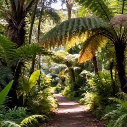 Caribbean Holidays, Montserrat Wellness, Lush Montserrat rainforest trail with ferns, tropical plants and sunlight filtering through trees, inviting peaceful walking scene