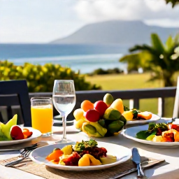 Caribbean Holidays, Montserrat Wellness, Outdoor table in Montserrat with healthy Caribbean lunch, fresh fruit, vegetables and sea view in warm January sunshine