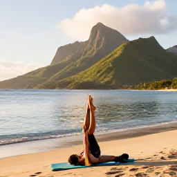 Caribbean Holidays, Montserrat Wellness, Person practising gentle yoga on a quiet Montserrat beach at sunrise, green hills and calm ocean, relaxed wellness atmosphere