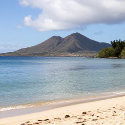 Caribbean Holidays, Montserrat Wellness, Quiet tropical beach on Montserrat in January, calm Caribbean Sea, volcanic hills in the background, natural light