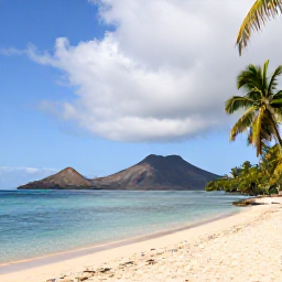 Caribbean Holidays, Montserrat Wellness, Quiet tropical beach on Montserrat with calm turquoise water, volcanic hills and a few palm trees, peaceful Caribbean holiday atmosphere