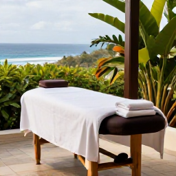 Caribbean Holidays, Montserrat Wellness, Relaxed outdoor spa-style setting in Montserrat with a massage table, tropical plants and a view of the sea