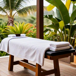 Caribbean Holidays, Montserrat Wellness, Relaxing massage and wellness treatment in a tranquil Montserrat spa, natural materials, tropical greenery and soft daylight