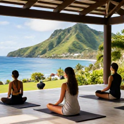 Caribbean Holidays, Montserrat Wellness, Traveller enjoying a peaceful yoga and meditation session on a shaded Caribbean terrace overlooking green Montserrat hills and the sea