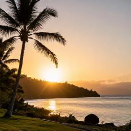 Caribbean Holidays, Montserrat Wellness, Warm February sunset over Montserrat coastline, with silhouettes of palms, green hills and a tranquil Caribbean sea