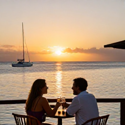 Caribbean Holidays, Multi-Country Holidays, Couple enjoying a quiet Caribbean sunset from a waterfront restaurant, with sailing boats and warm evening light